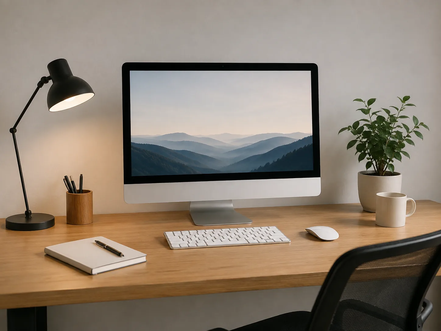 Aufgeräumter Schreibtisch mit Rechner und Monitor als Arbeitsplatz von PJE Systems