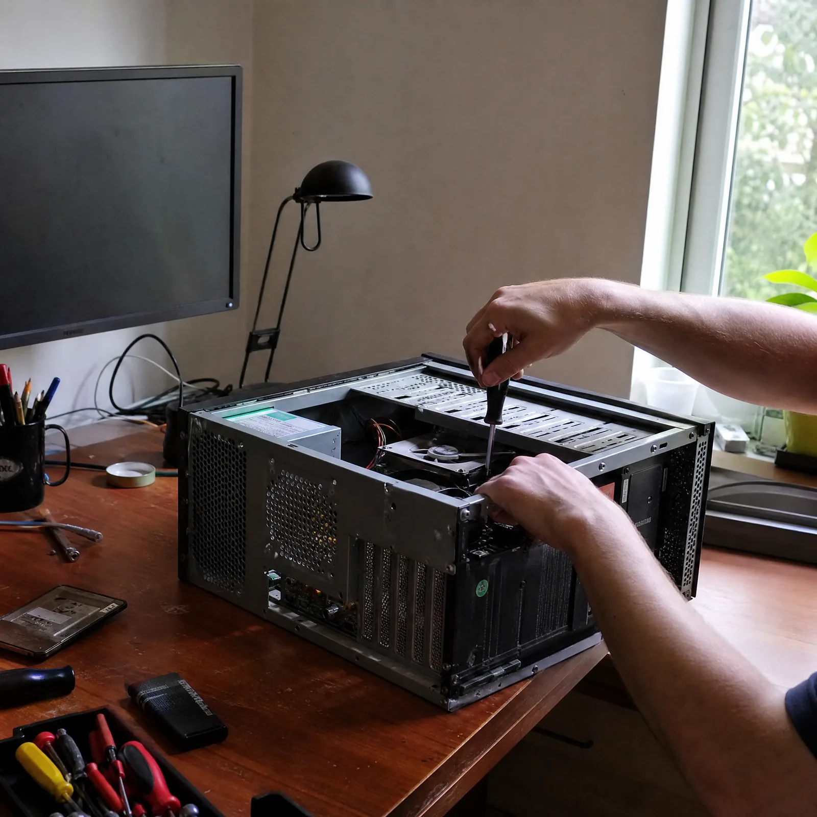 Reparatur an geöffneter PC-Hardware mit Werkzeug
